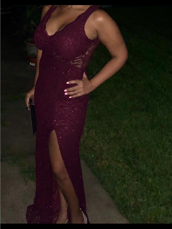 B Darlin Dresses & Skirts - Women's Burgundy Lace Evening Gown with Thigh Slit